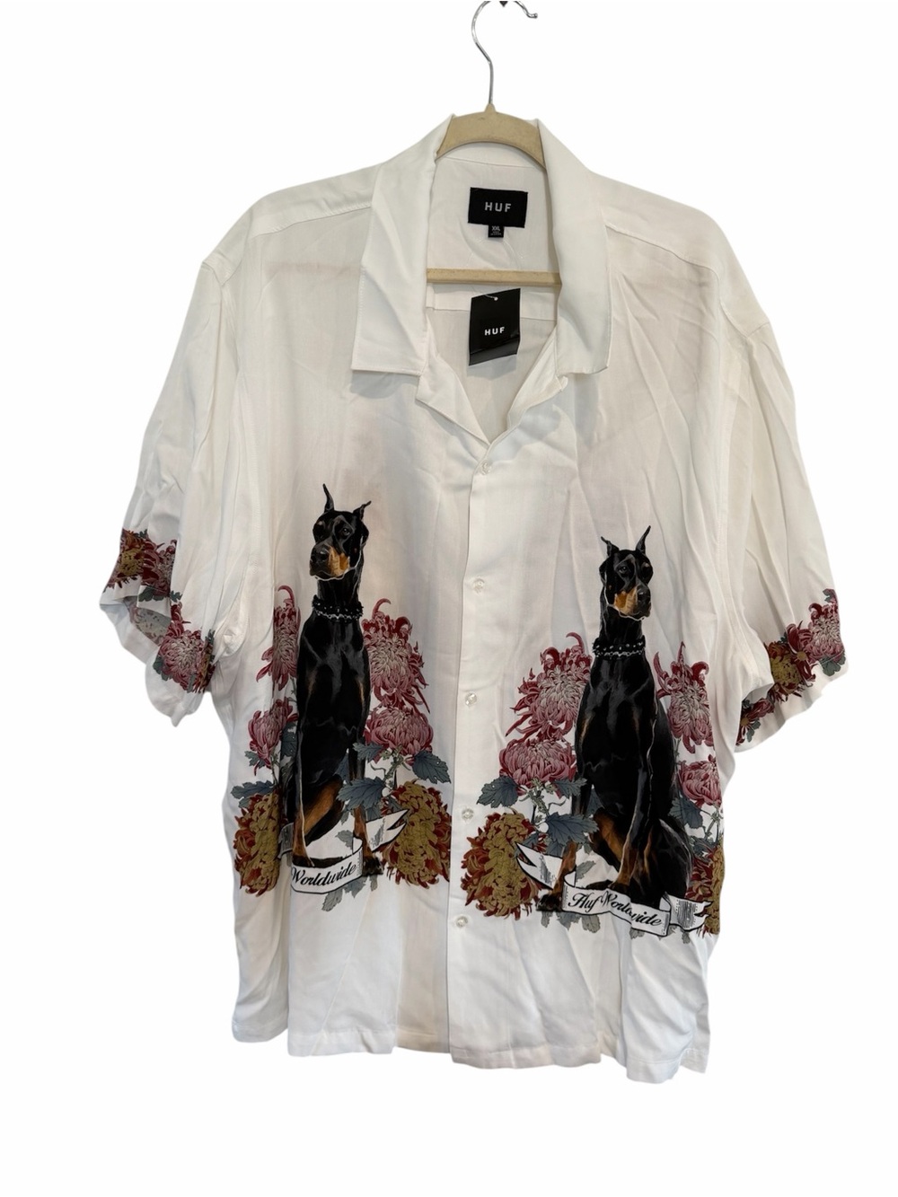 HUF White Short-Sleeve Button-Up Shirt with Black Logo Tags